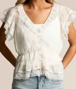 Tops | Willow & Root Lace Flutter Peplum Top White