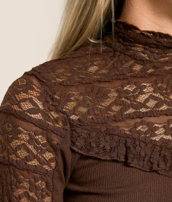 Miss Me Lace Mock Neck Top Dark Brown Online