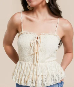 Willow & Root Lace Peplum Bubble Cropped Tank Top Cream Outlet