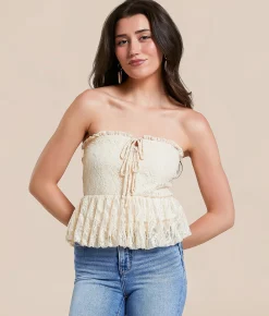 Willow & Root Lace Peplum Bubble Cropped Tank Top Cream Outlet