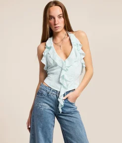 Beivy Lace Ruffle Halter Top Baby Blue Online