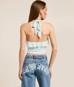 Beivy Lace Ruffle Halter Top Baby Blue Online
