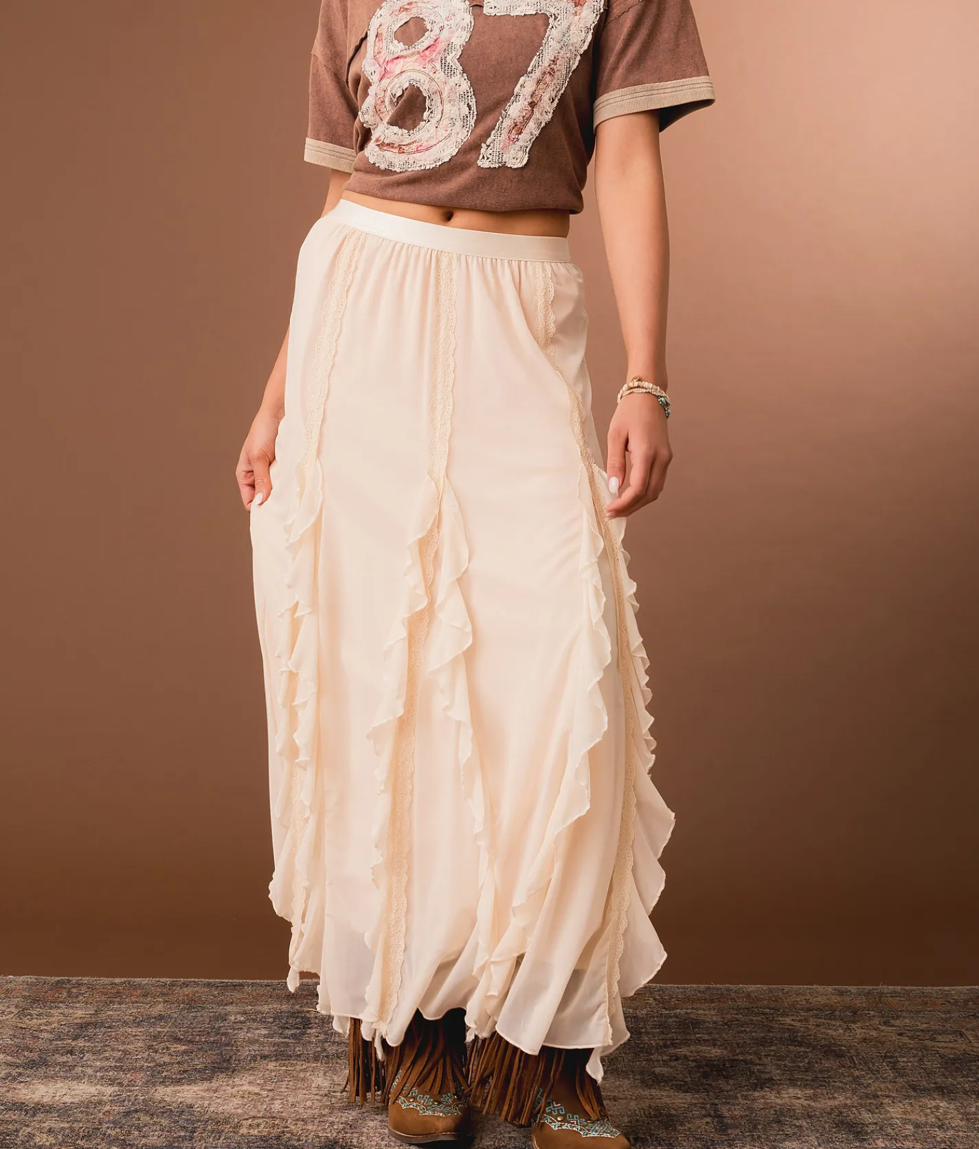 Gimmicks Lace Ruffle Maxi Skirt Lt Pink Discount