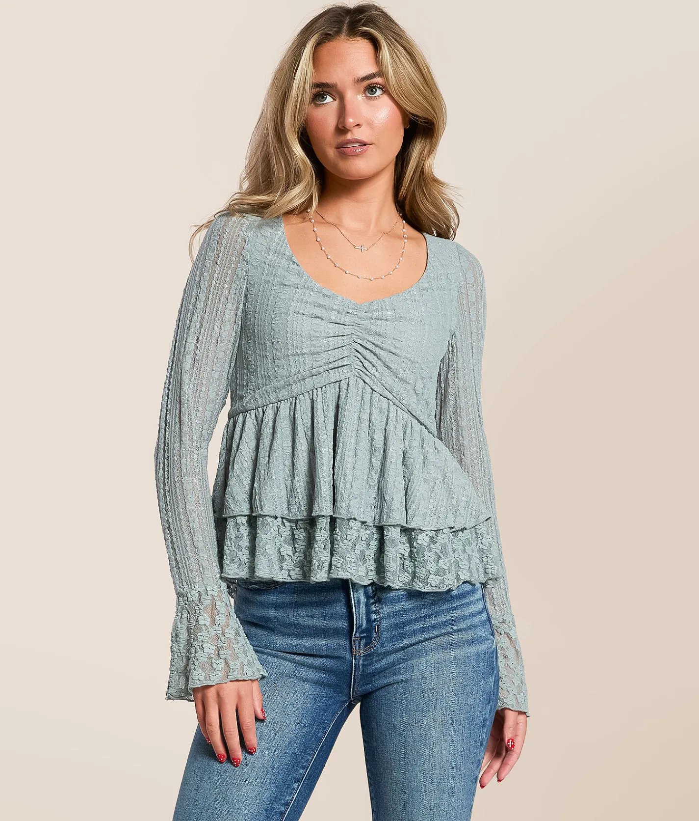 Tops | Willow & Root Lace Ruffle Top Slate