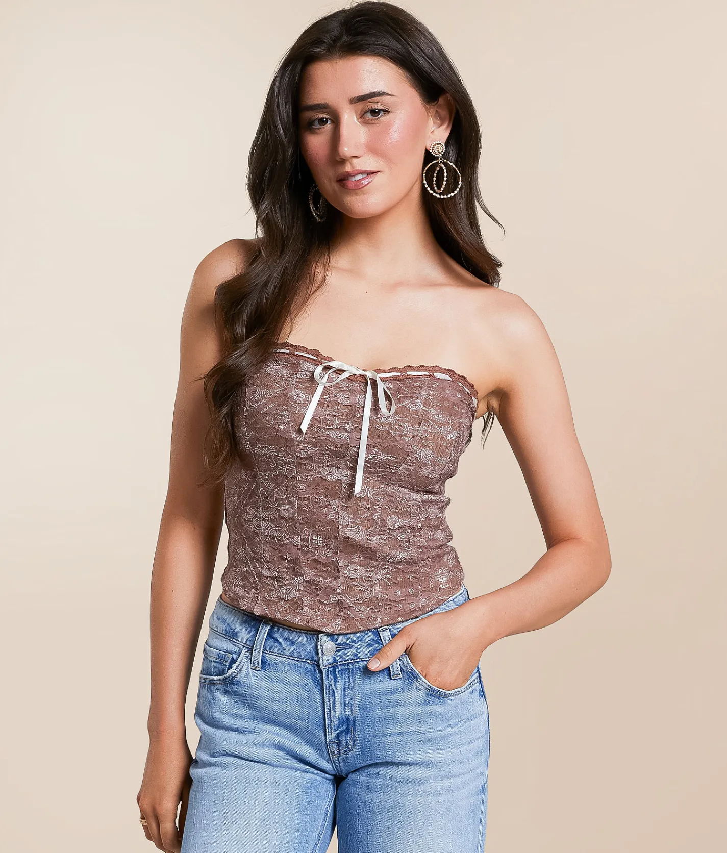 Tops | Willow & Root Lace Sweetheart Tube Top Brown