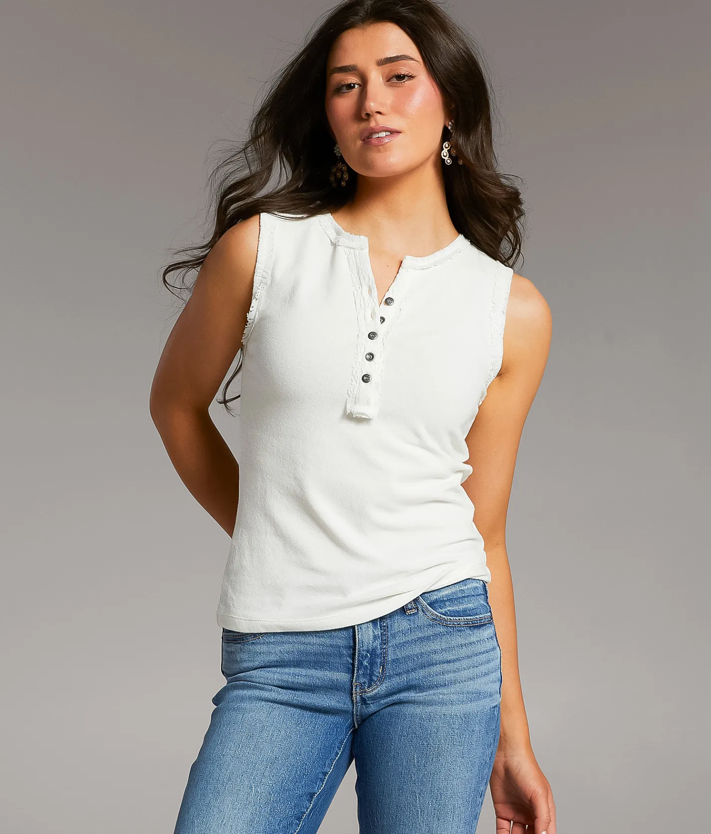 BKE Lace Trim Henley Tank Top White Clearance