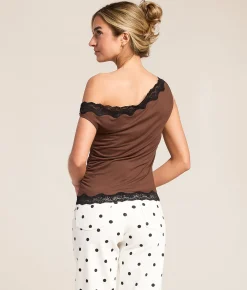Tops | Willow & Root Lace Trim Off The Shoulder Top Cocoa Brown