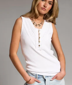 BKE Lace Trim Ribbed Henley Tank Top White Sale