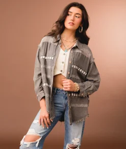 Tops|Coats & Jackets | Gimmicks Lace Trim Shacket Washed Charcoal
