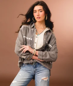 Tops|Coats & Jackets | Gimmicks Lace Trim Shacket Washed Charcoal