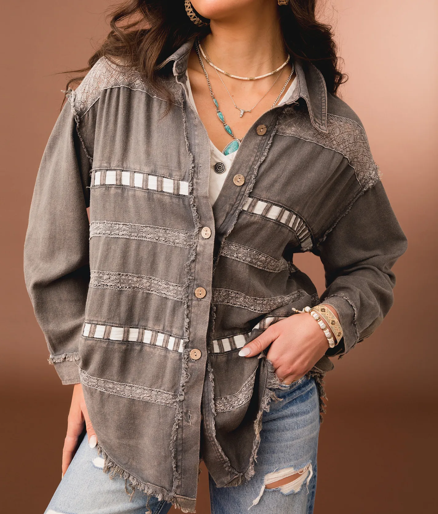 Tops|Coats & Jackets | Gimmicks Lace Trim Shacket Washed Charcoal