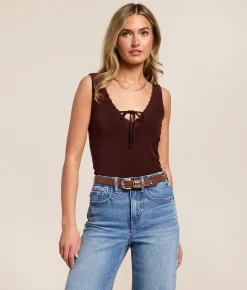 Tops | Willow & Root Lace Trim Tank Top Brown