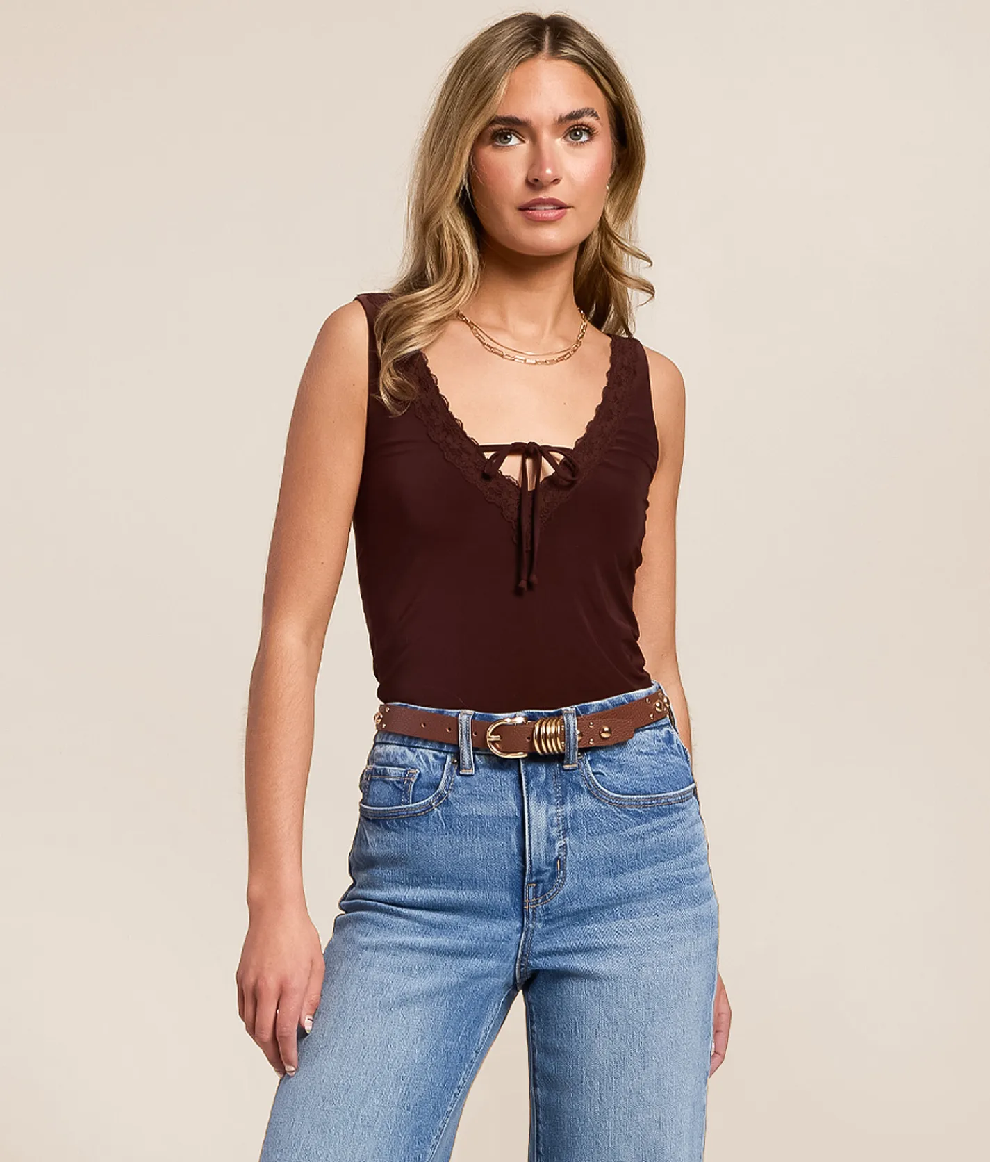 Tops | Willow & Root Lace Trim Tank Top Brown