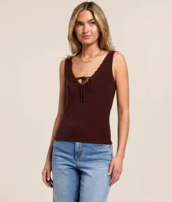 Tops | Willow & Root Lace Trim Tank Top Brown