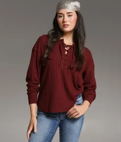 Tops | BKE Lace-Up Crochet Top Cream