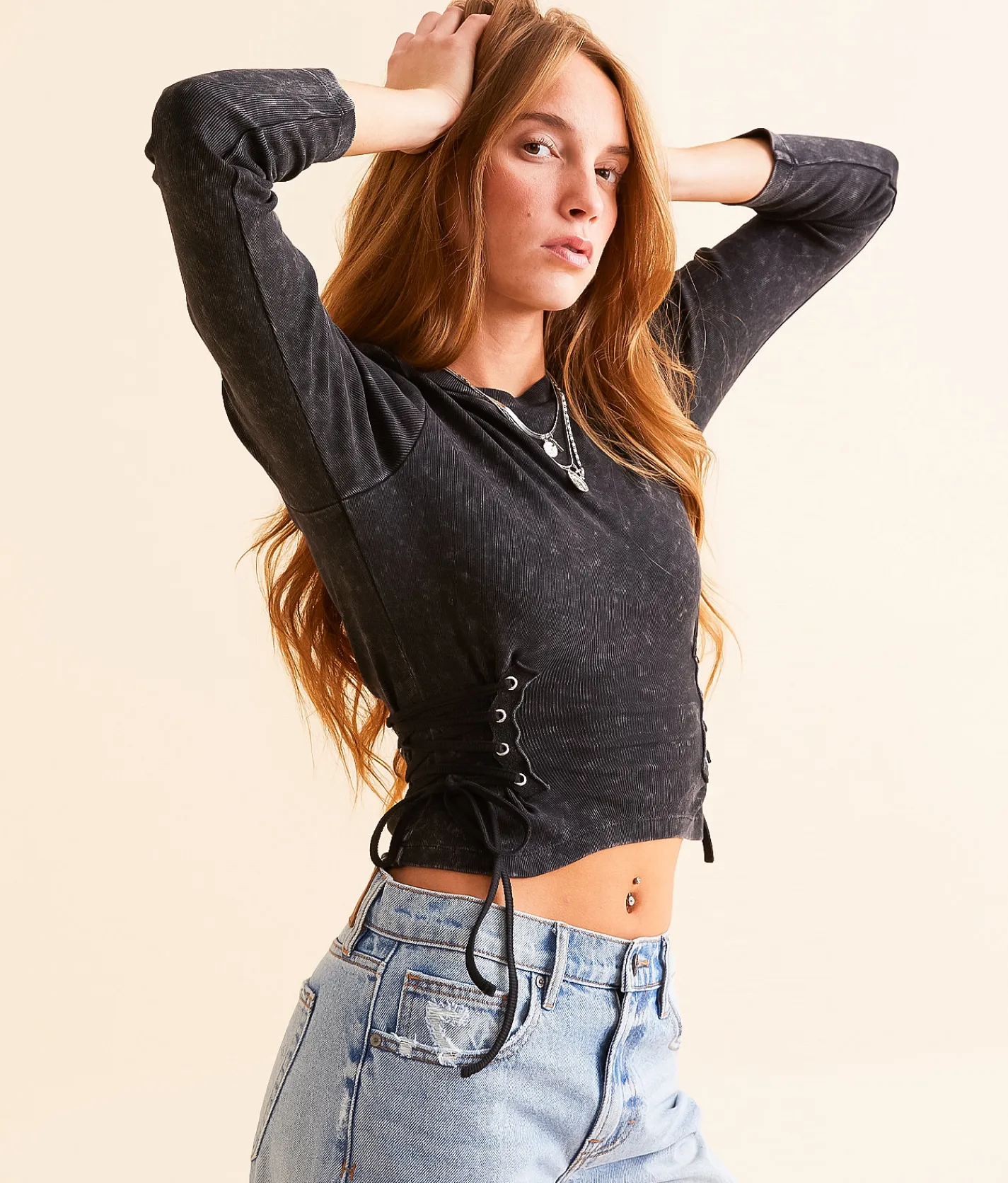 Gilded Intent Lace-Up Cropped Top Washed Black New