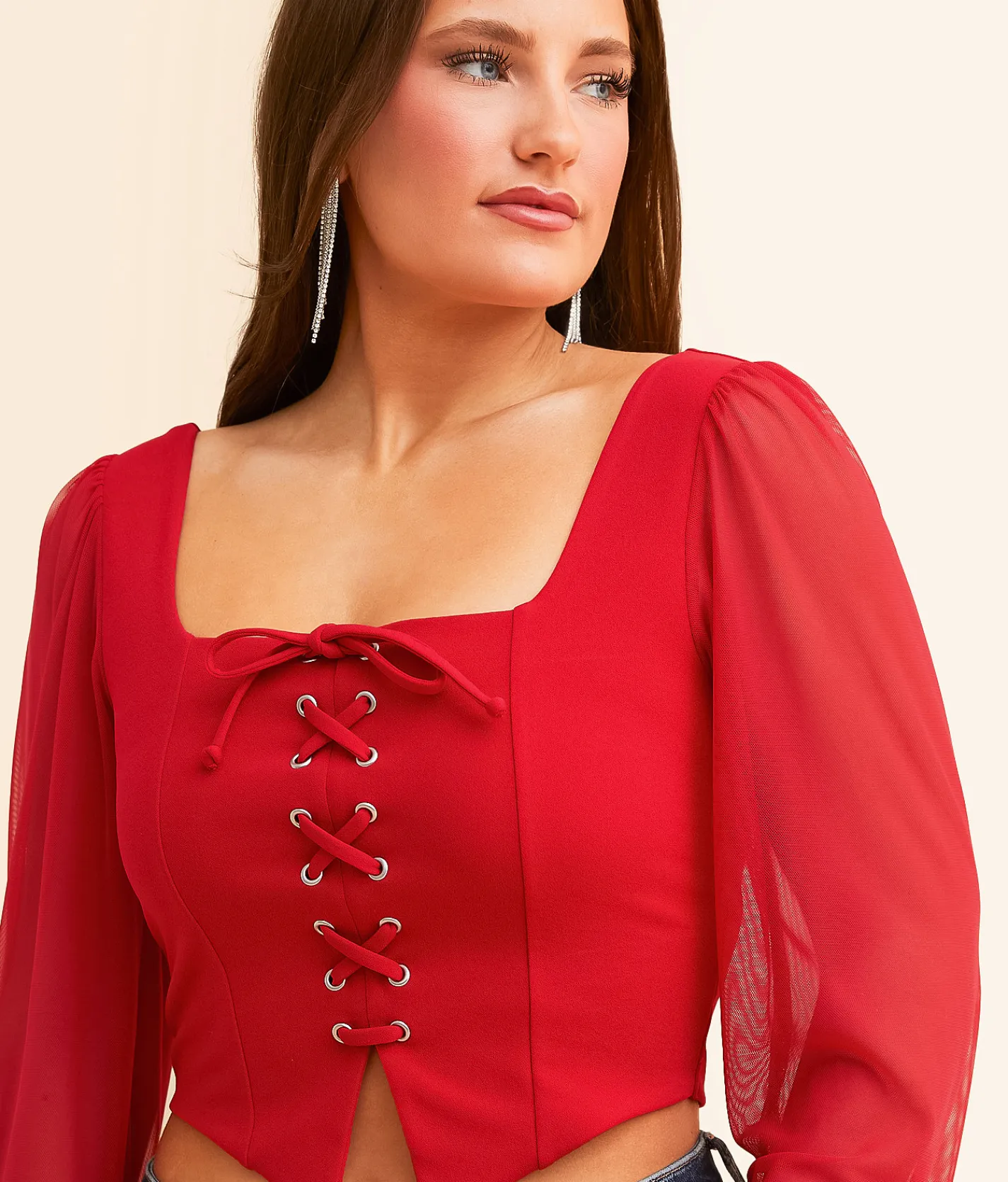 Tops | Willow & Root Lace-Up Cropped Top Red