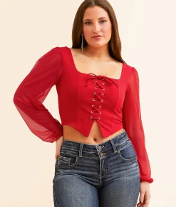Tops | Willow & Root Lace-Up Cropped Top Red