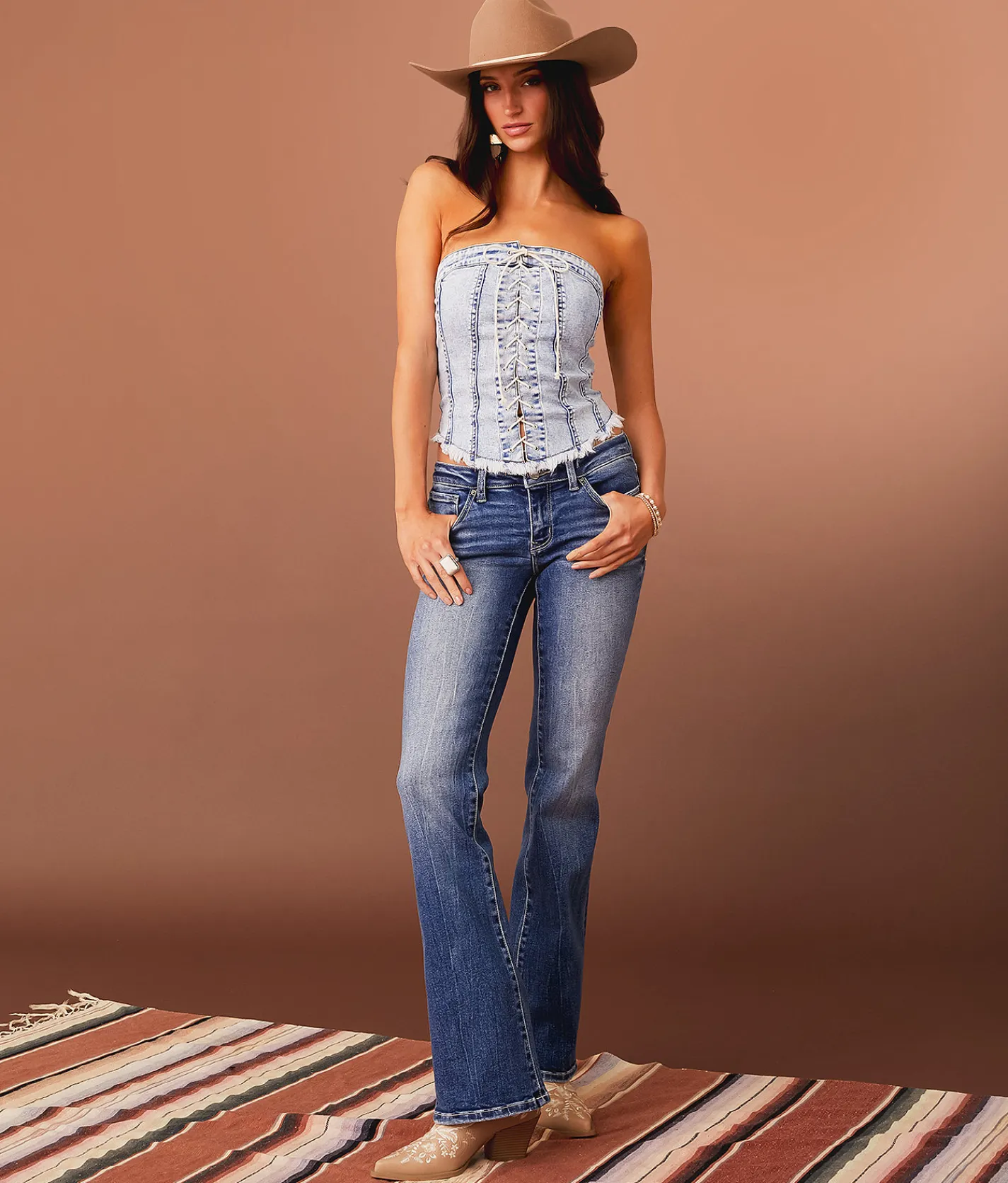 Tops | Sterling & Stitch Lace-Up Denim Stretch Tube Top Medium Wash