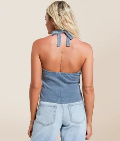 Gilded Intent Lace-Up Halter Tank Top Blue Sale