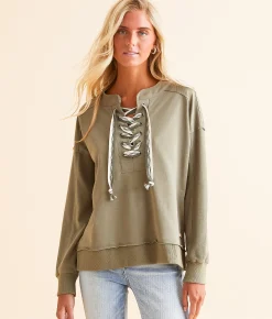 BKE Lace-Up Pullover Dusty Olive New
