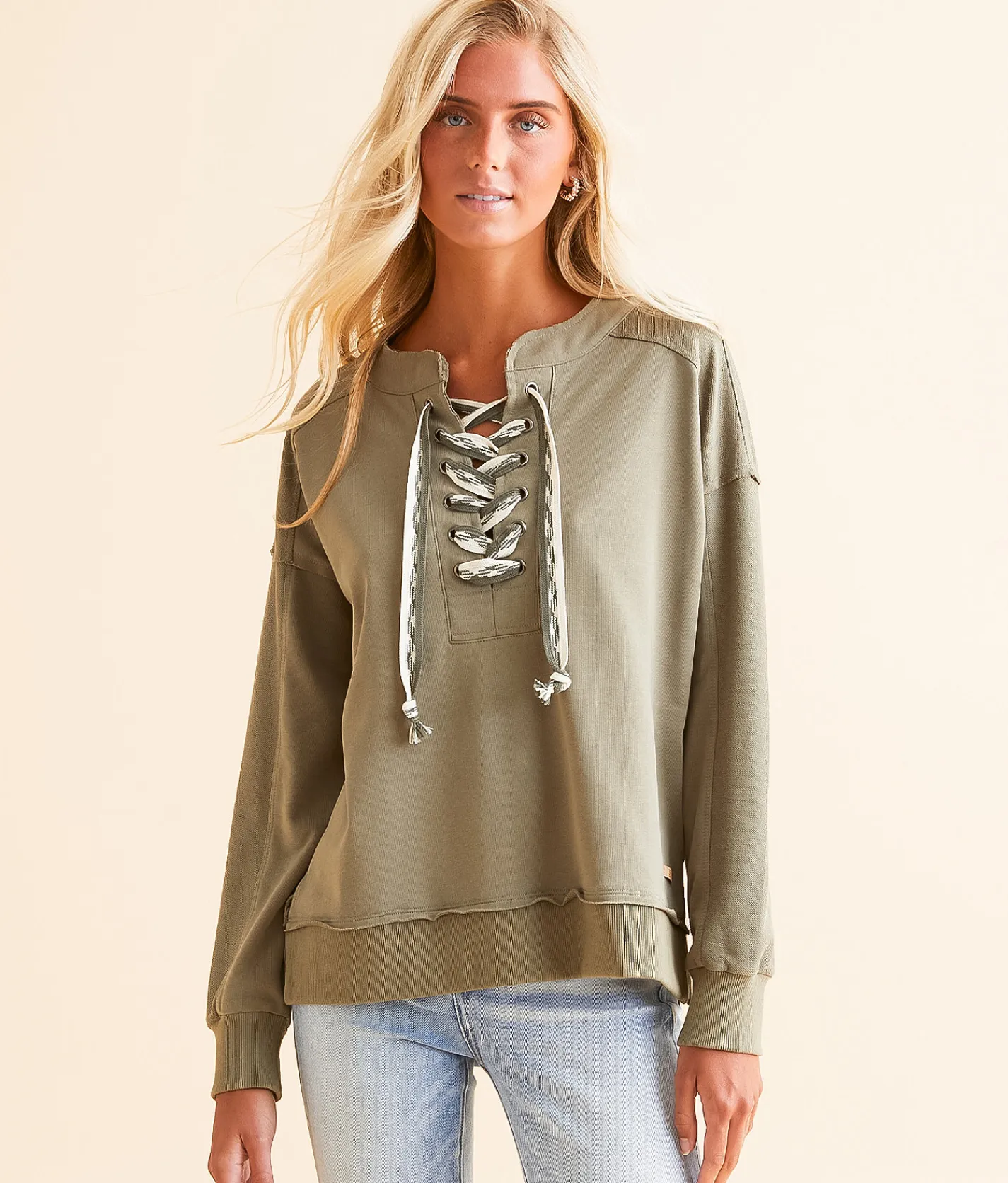 BKE Lace-Up Pullover Dusty Olive New