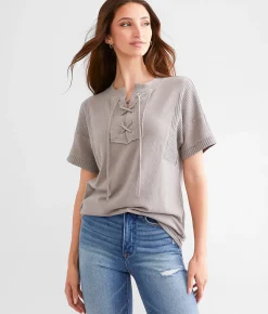 BKE Lace-Up Waffle Knit Top Steeple Grey Sale
