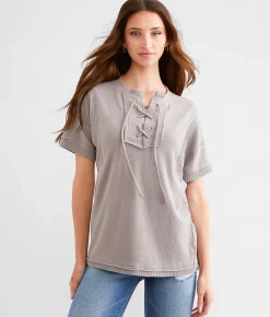 BKE Lace-Up Waffle Knit Top Steeple Grey Sale