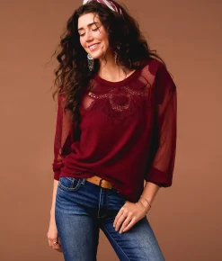 Gimmicks Lace Waffle Top Burnt Russet Sale
