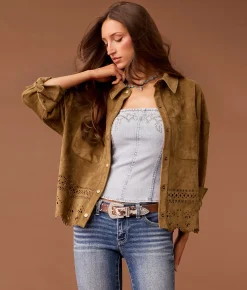 Tops|Coats & Jackets | Sterling & Stitch Laser Cut Faux Suede Jacket Brown