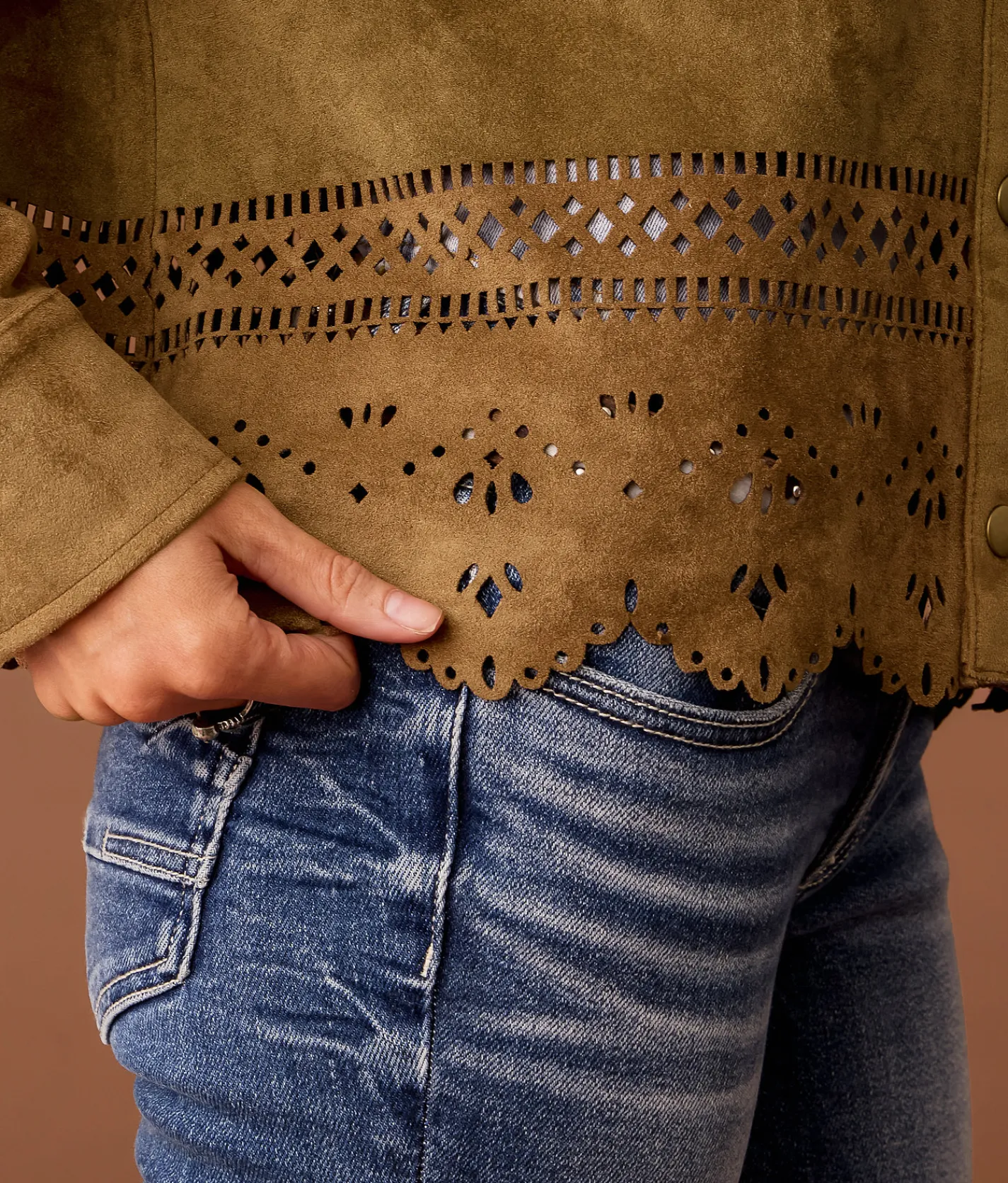 Tops|Coats & Jackets | Sterling & Stitch Laser Cut Faux Suede Jacket Brown