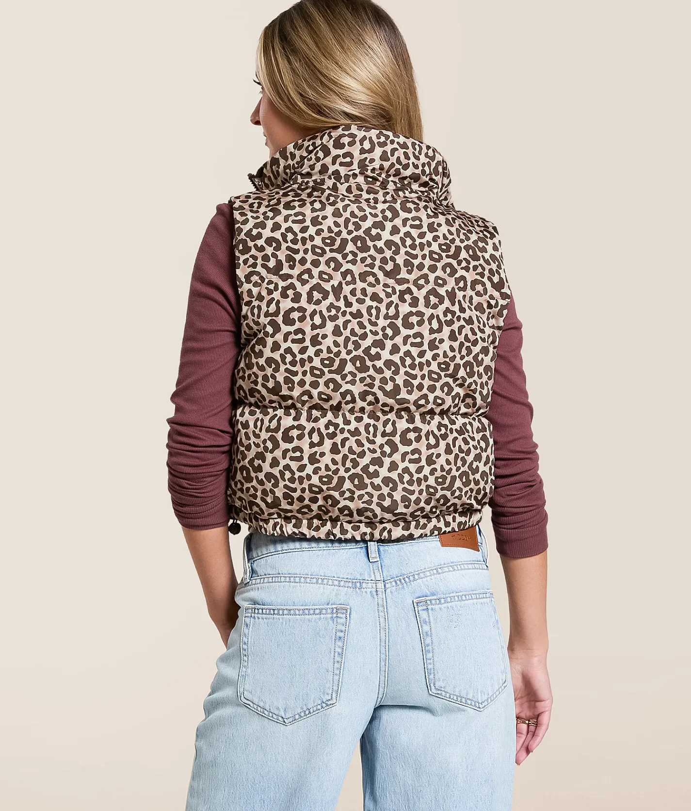 Tops|Coats & Jackets | Willow & Root Leopard Print Cropped Puffer Vest Taupe Multi