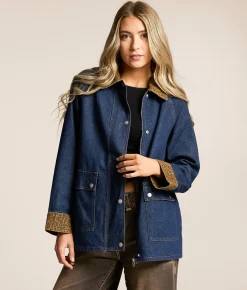 Sunday Edition Leopard Trim Barn Denim Jacket Dark Wash Online