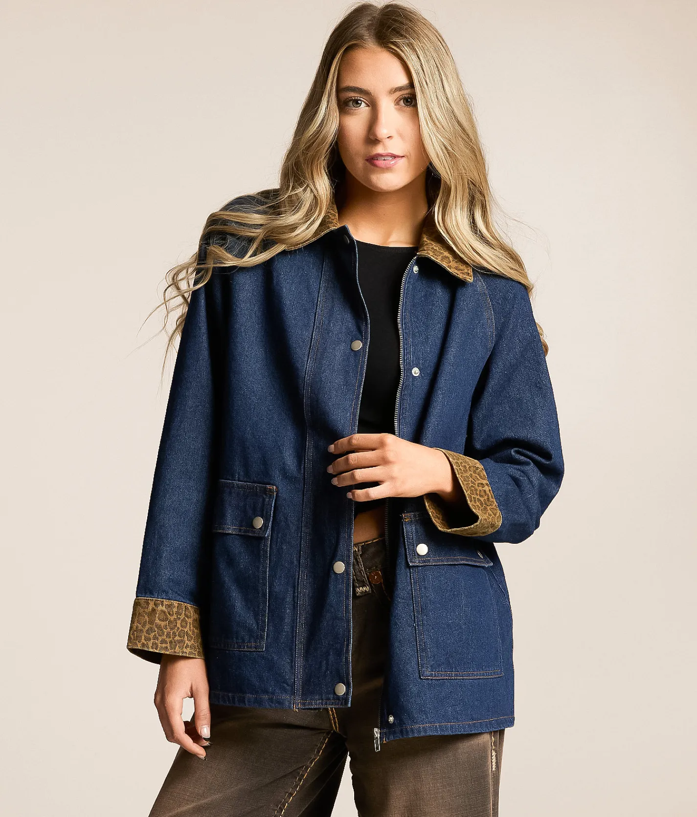 Sunday Edition Leopard Trim Barn Denim Jacket Dark Wash Online