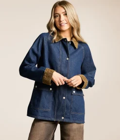 Sunday Edition Leopard Trim Barn Denim Jacket Dark Wash Online
