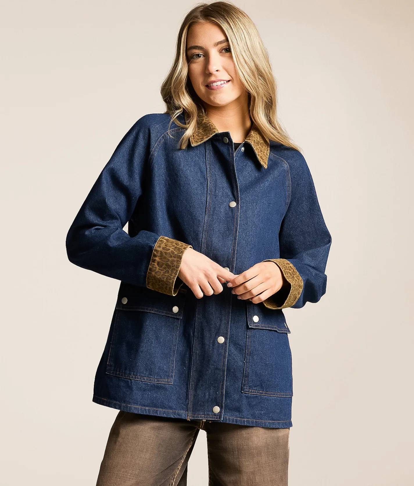 Sunday Edition Leopard Trim Barn Denim Jacket Dark Wash Online