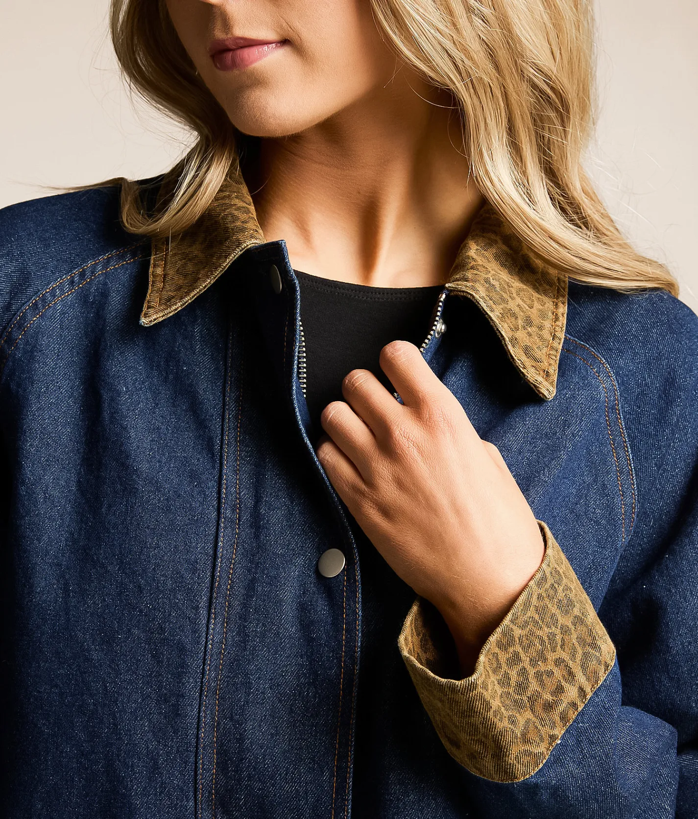 Sunday Edition Leopard Trim Barn Denim Jacket Dark Wash Online