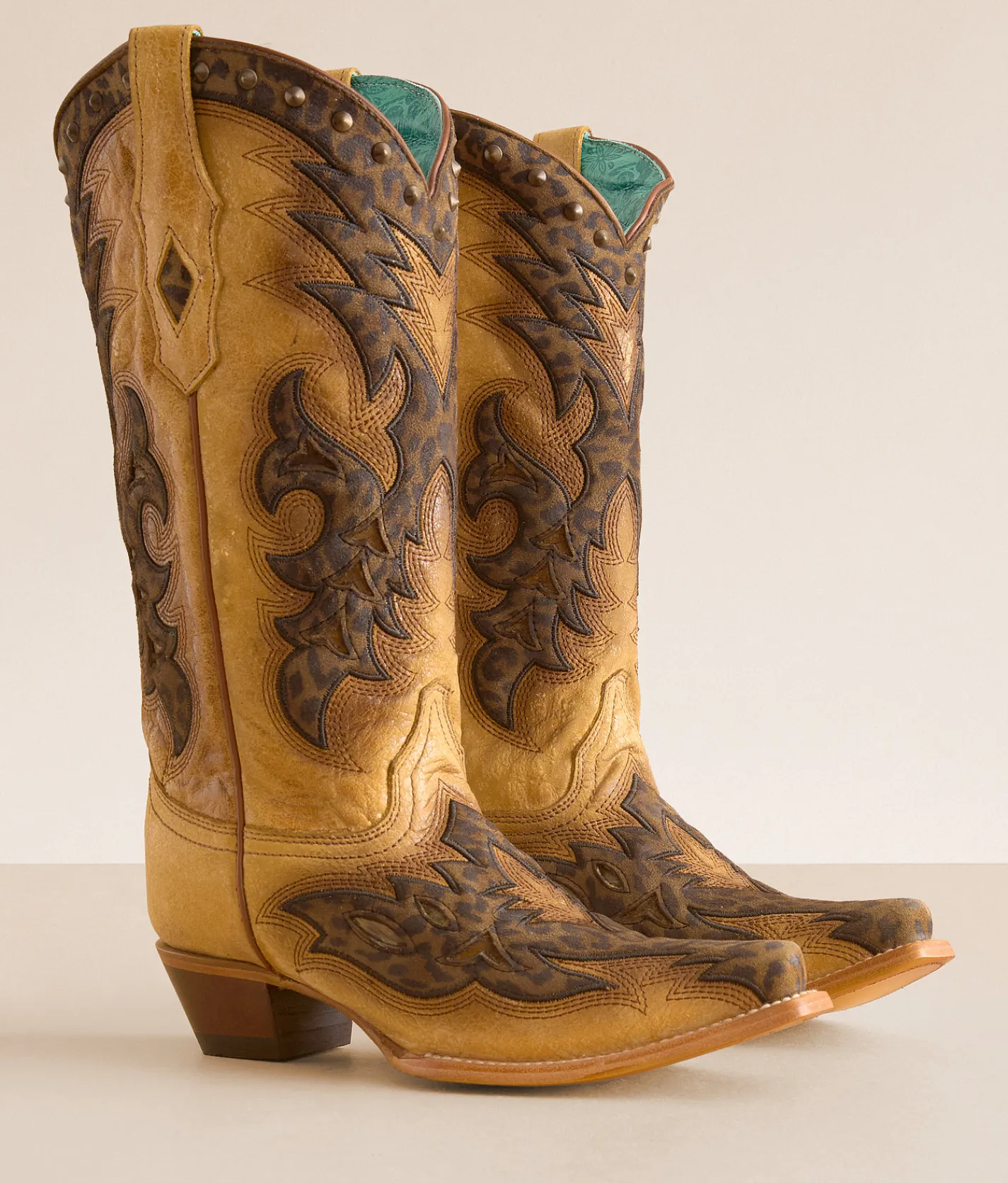 Shoes | Corral Leopard Western Leather Studded Boot Straw Brown