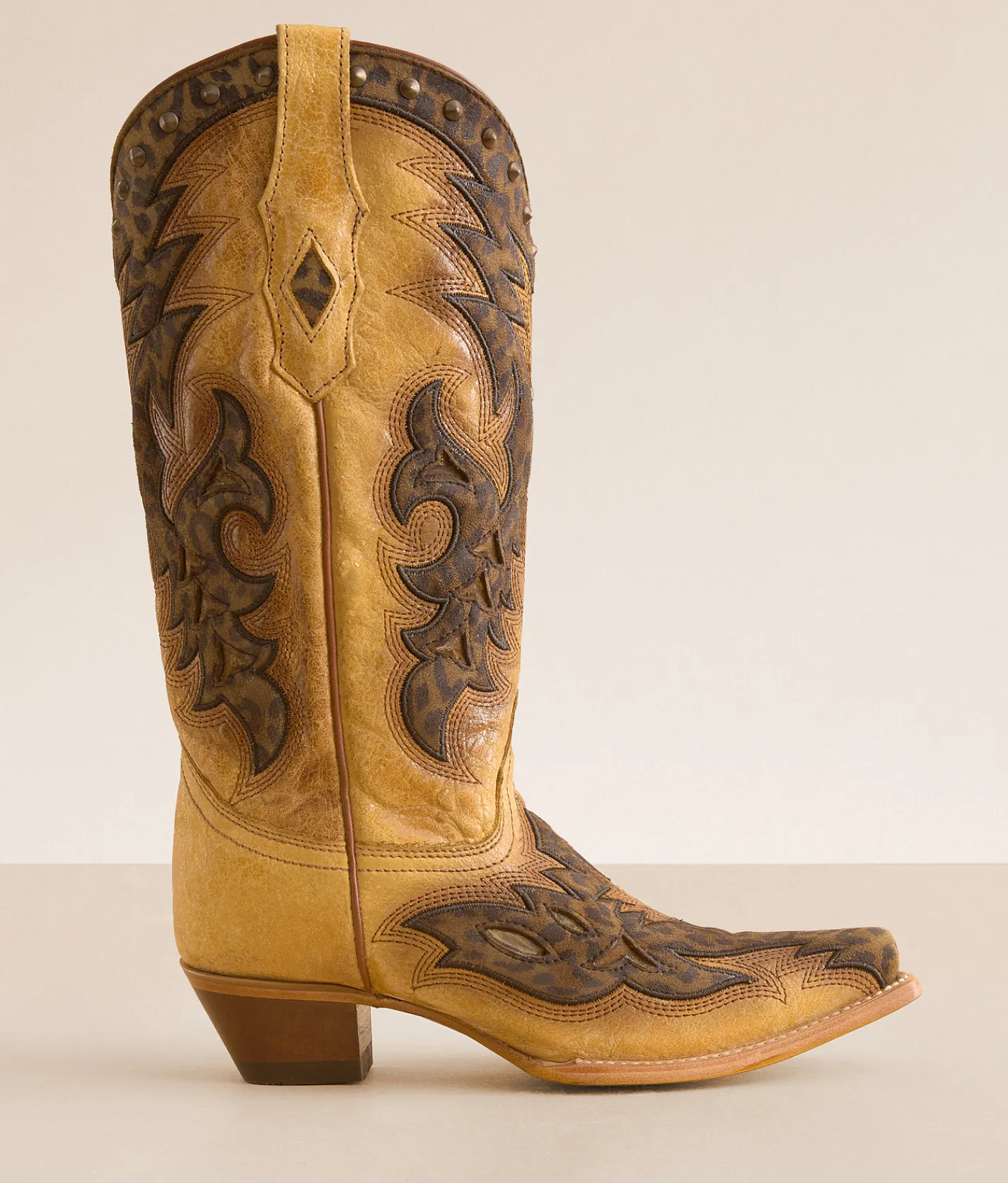 Shoes | Corral Leopard Western Leather Studded Boot Straw Brown