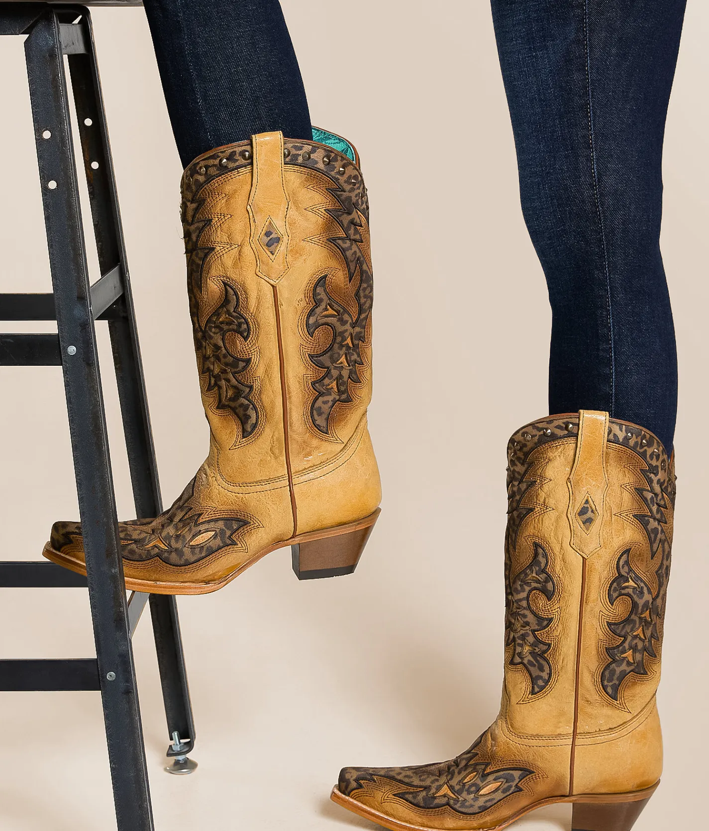 Shoes | Corral Leopard Western Leather Studded Boot Straw Brown