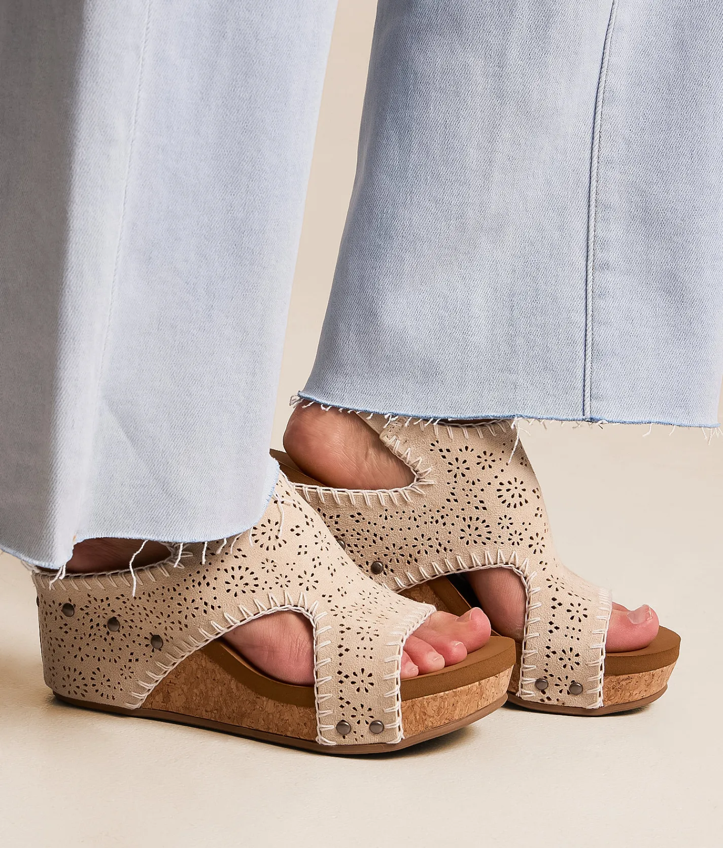 Very G Lilly Laser-Cut Wedge Sandal Cream