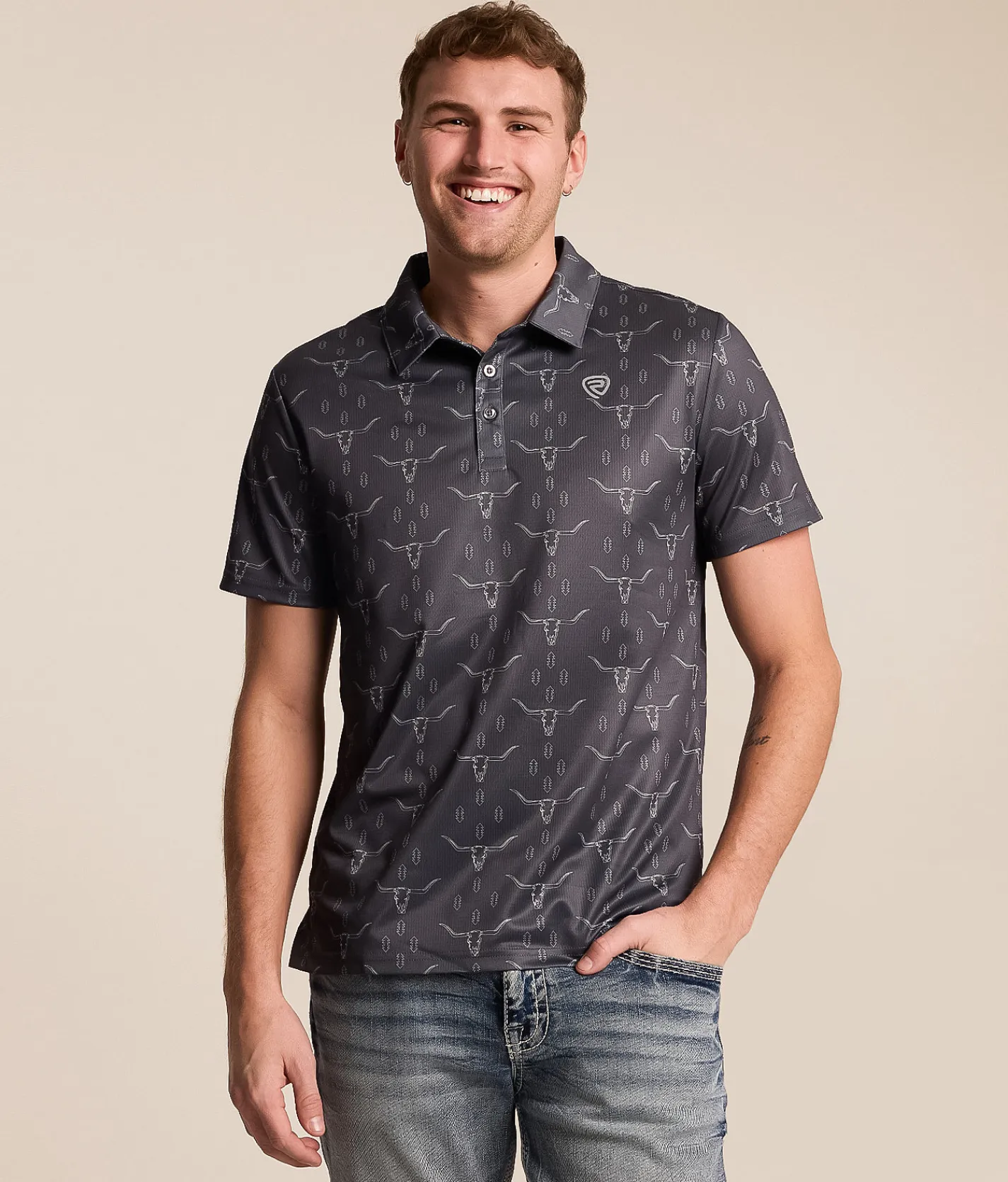 Tops | Hooey x Rock & Roll Denim Longhorn Performance Polo Charcoal