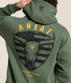 Ariat Longhorn Thrashed Hooded Sweatshirt Surplus Green New