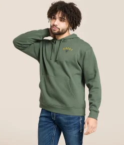 Ariat Longhorn Thrashed Hooded Sweatshirt Surplus Green New