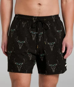 Rock & Roll Denim Longhorn Volley Stretch Swim Trunks Black Clearance