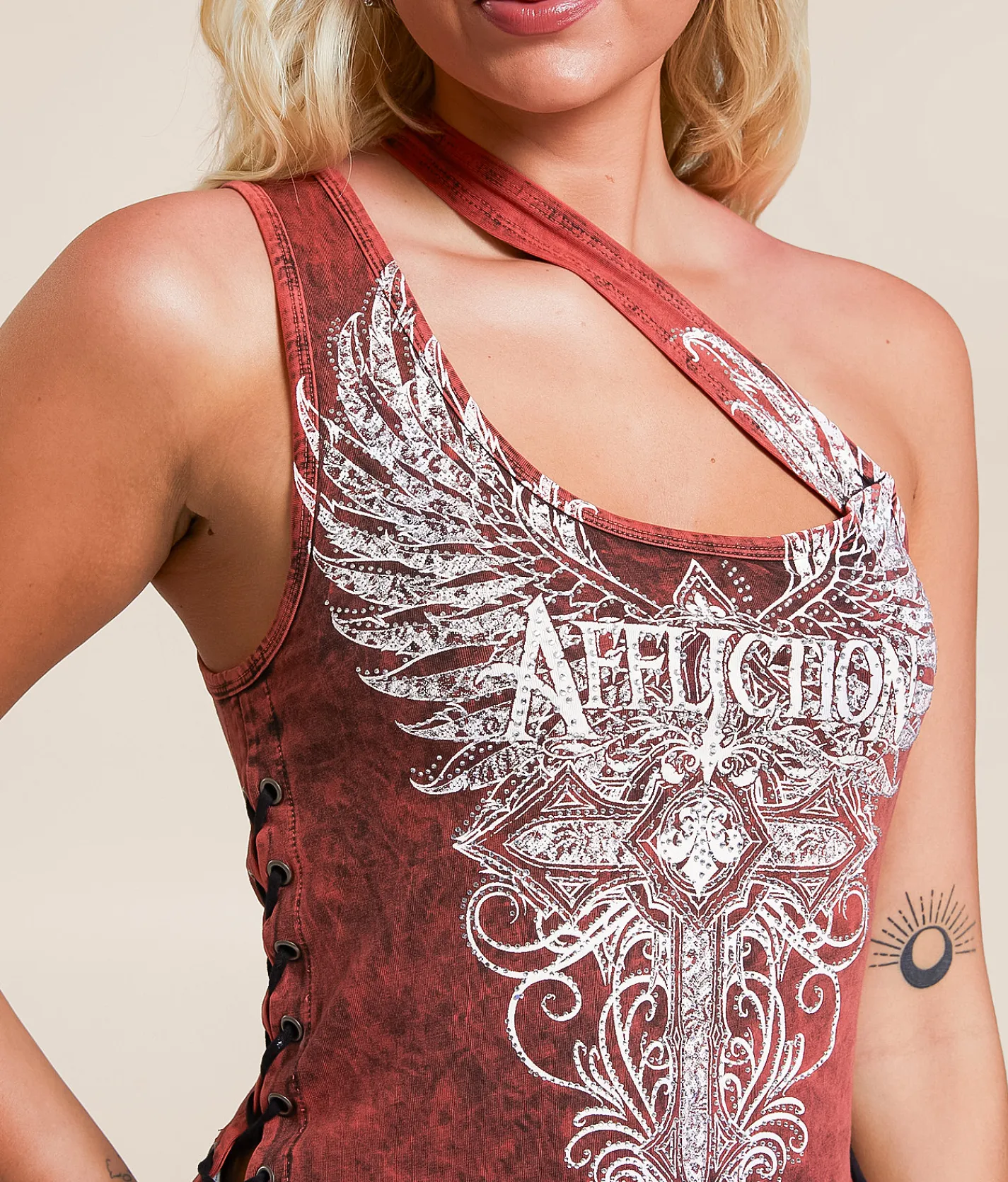 Tops | Affliction Lorielle One Shoulder Cropped Tank Top Red Black Acid Wash
