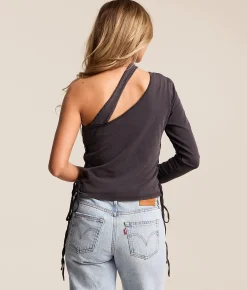 Tops | Affliction Lorielle One Shoulder Cropped T-Shirt Black Mineral Wash