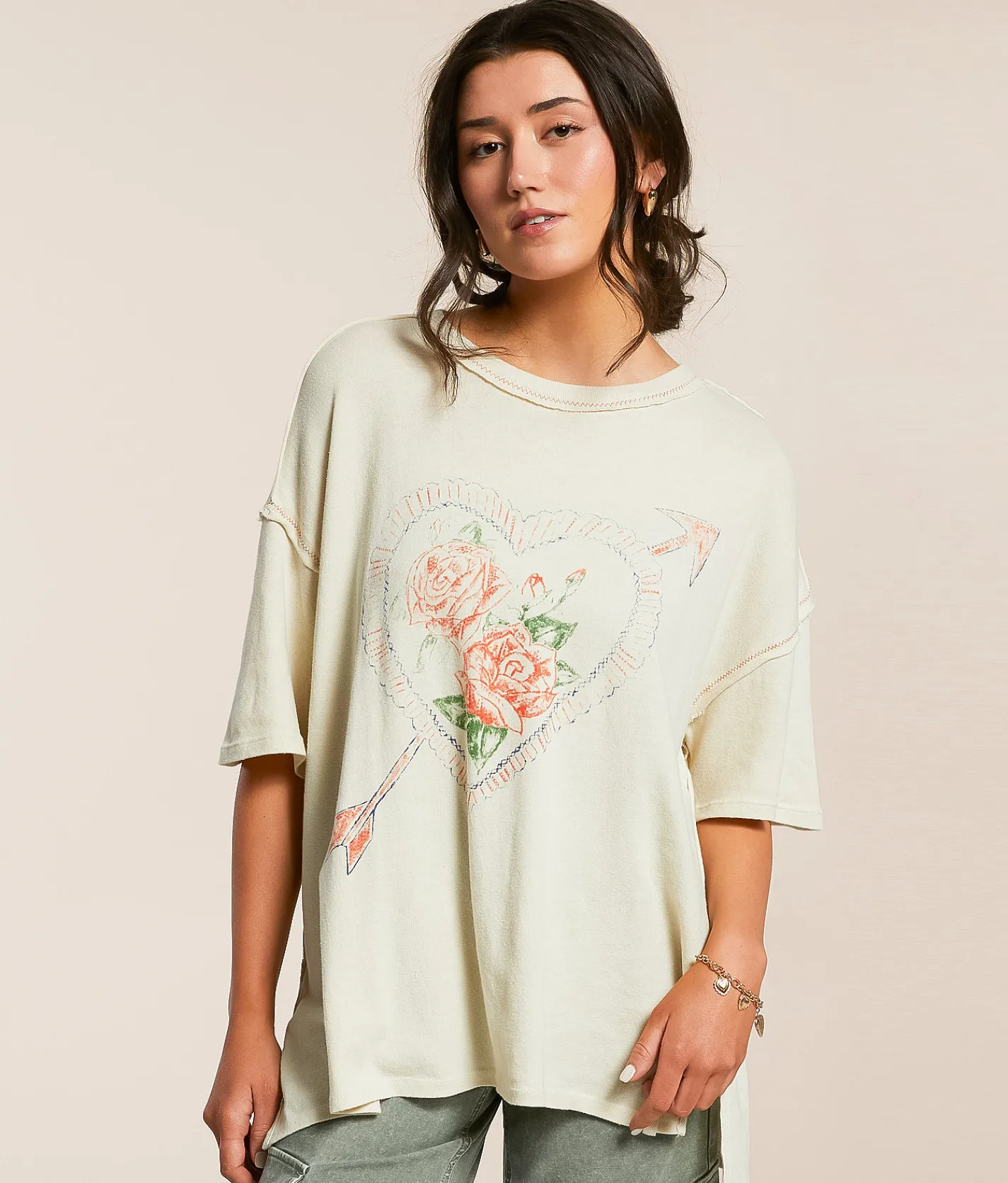 Tops | Free People Love Rose Oversized T-Shirt Ivory Combo