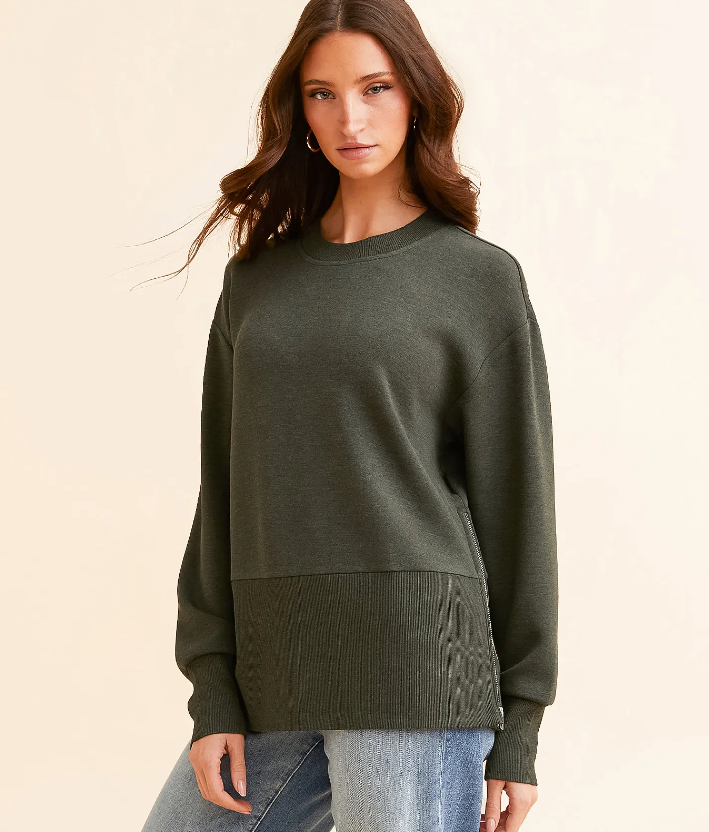 Varley Lowry Oversized Sweat Pullover Olive Marl Clearance