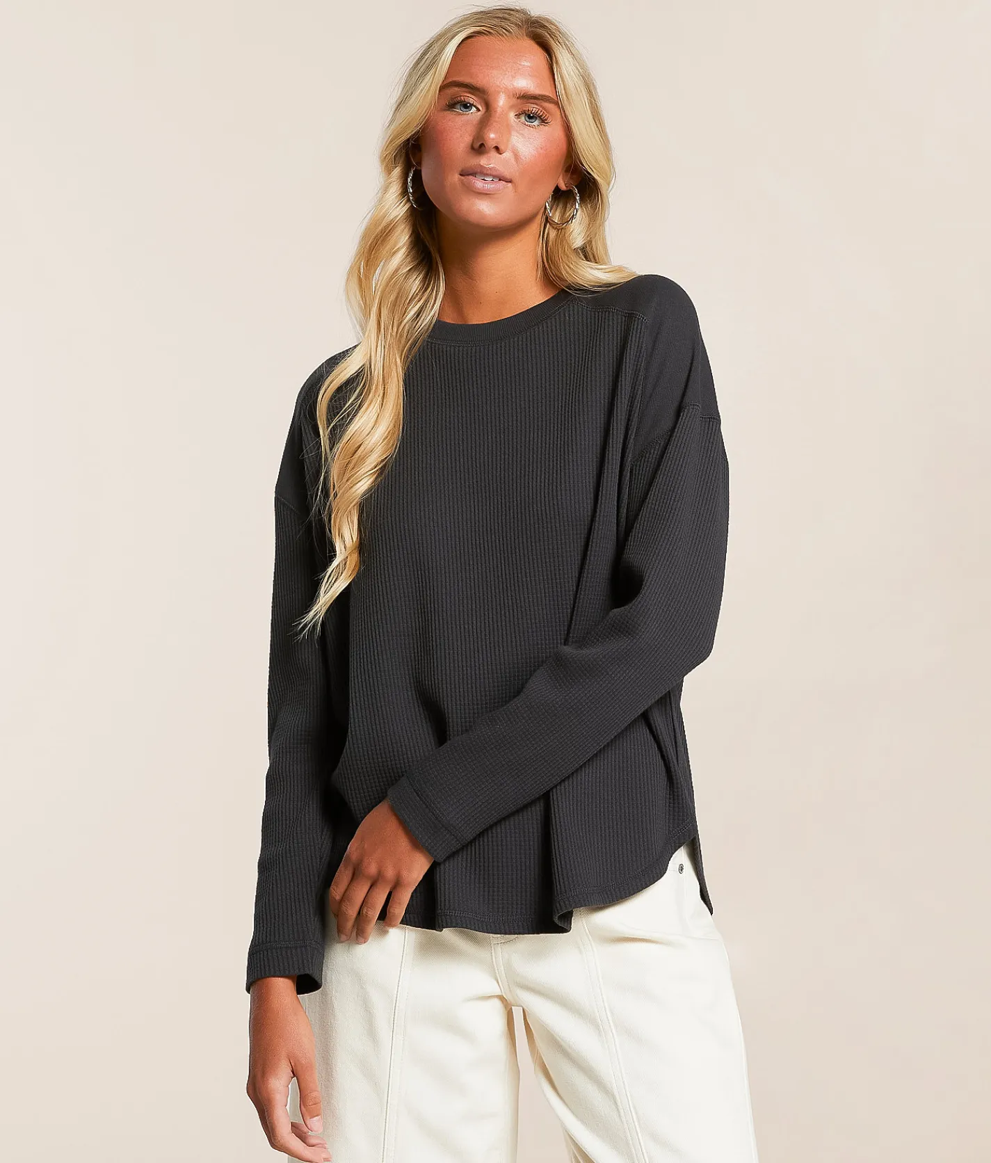 White Crow Lyla Waffle Knit Thermal Top Washed Black Discount